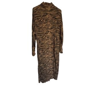 Zara Womens Zebra Print Mock Neck Maxi Dress Tan Black Long Sleeve Knit Cotton